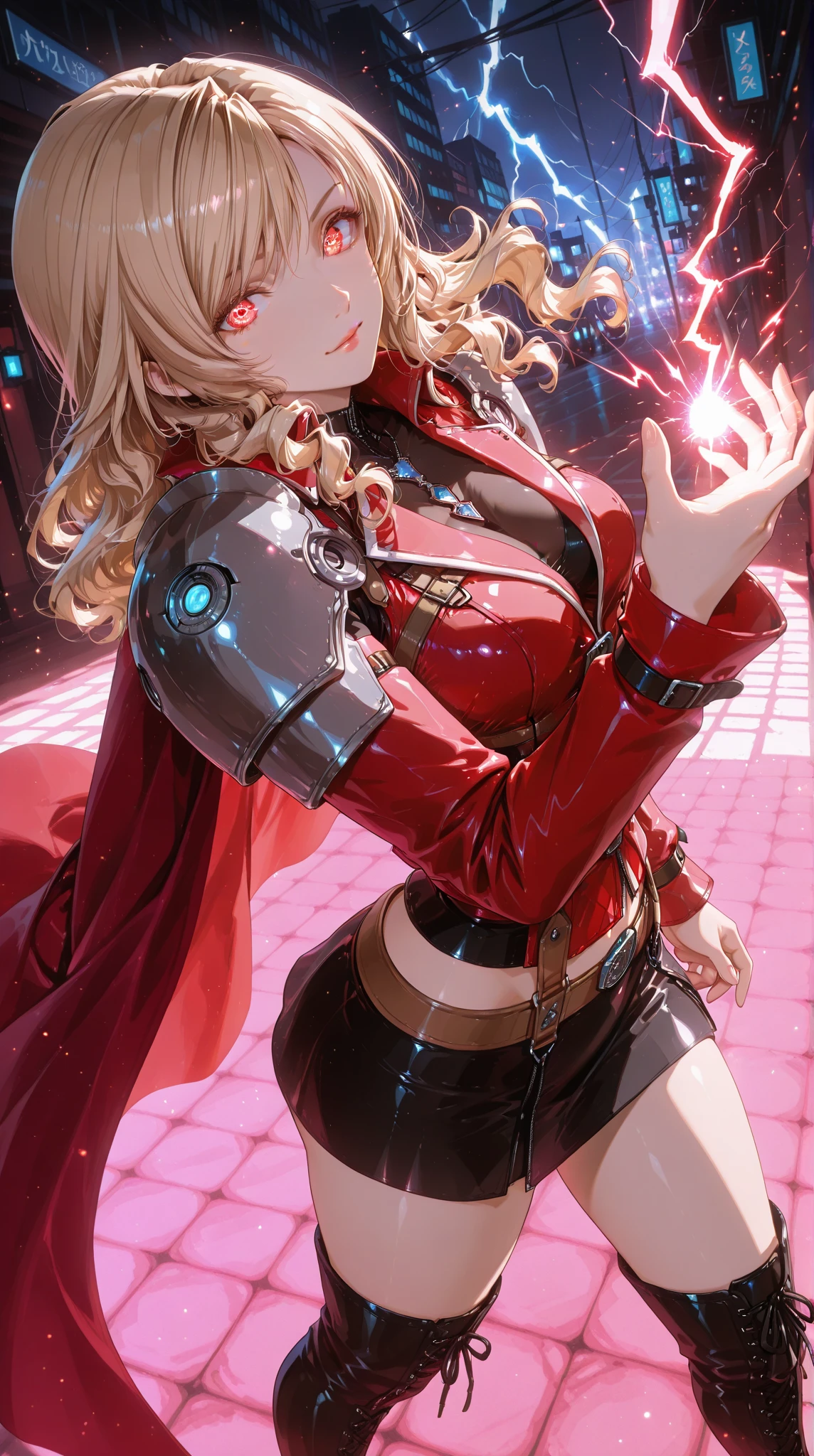 Master piece,best quality,ultra-detailed,high resolution,octane render,The overall image is of high quality, with a resolution of 8k.intricate details,absurdres,ultra hires ,cute and beautiful girl,vndvalkyrie,(1 girl),beautiful face,seductive young girl,female focus,full body,(perfect body),cool,Her face is extremely detailed and expressive.kawaii,the girl exudes confidence and elegance,Her pose and expression convey a sense of empowerment and strength.blonde hair,single braid,glowing hair,shining glossy hair;1.4,She has long eyelashes that add to her captivating appearance,big bright green eyes, glowing eyes,enchanting bright eyes studded with gold and silver dust, wet crystal eyes,symmetrical eyes,large highlighted eyes,(finely detailed beautiful eyes),highly detailed face and hair,pale eyes,a well-defined nose,pinky skin,glowing and smooth skin,faint lips,plump lips,seductive and confident smile,standing,fighting stance,fist in hand,fist bump,open mouth,pointy breasts,(red cyber suit with micro skirt, gold accents,craftsmanship embroidery),gold hair ornament,(white side-tie panties),garter belt,Stockings,bare shoulders,Torn clothes,expensive,allure pose,(tentacle pit),red tentacle,black Choker with chains,bracelet with chains,silver earrings,{((hands with perfect five fingers, two beautiful perfectly shaped arms and legs, perfect anatomy: 1.3)), Blushing face,emphasizing her facial expression and beautiful body lines,dynamic angle,from below,sweat,perspired,steam,wet,fantasy,in cave with tentacles,creating a visually stunning effect,adding to the overall appeal,excited expression towards the camera,psychedelic,light Red eyeshadow,from below,