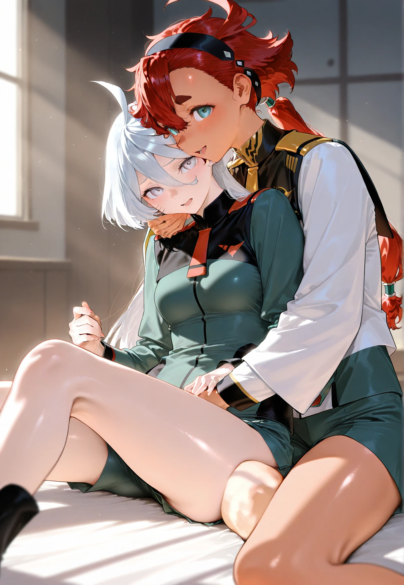 (masterpiece),(highest quality:1.1),(super detailed),best illustrations, (1 girl:1.3)、(Two women kissing)、(touch each other's tongues),Looking at each other、Thretta Mail、tall、((cute bra、cute panties))、((redhead、Ahoge、blue eyes))、Mioline Remblanc, Asticasia , alone, long hair, gray eyes, gray hair, Ahoge, Legwear with seams, Green shorts, tie, bangs, hair between eyes, black pantyhose, long sleeve, Green jacket, floating hair, red tie、(lily、lesbian、Hugging each other)、(((I'm kissing)))、Western-style room