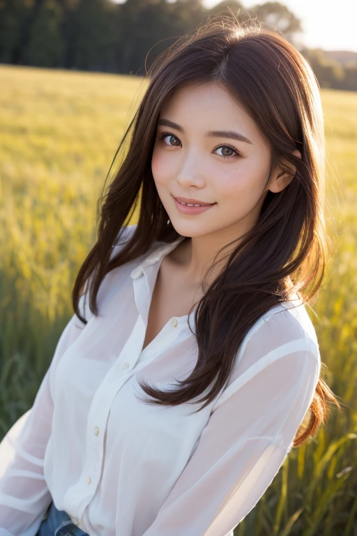 highest quality、genuine、Super detailed、finely、High resolution、8k wallpaper、one beautiful woman、、、light brown disheveled hair、wearing a business suit、sharp focus、perfect dynamic composition、beautiful and detailed eyes、thin hair、Detailed genuine skin texture、smile、model body shape、In a windswept meadow
