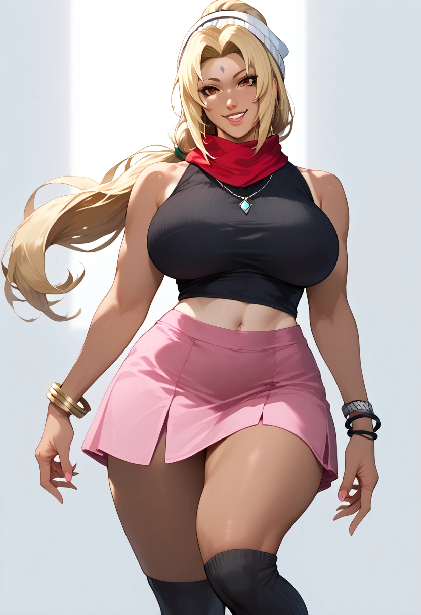 1girl, light-blue eyes, sexy smile, sitting, legs crossed, gyaru, dark skin, thick lips, pink lips, red dress, large breasts, long blonde hair, parted bangs, snowy mountain, masterpiece quality, ultra HD, 4K, best quality,