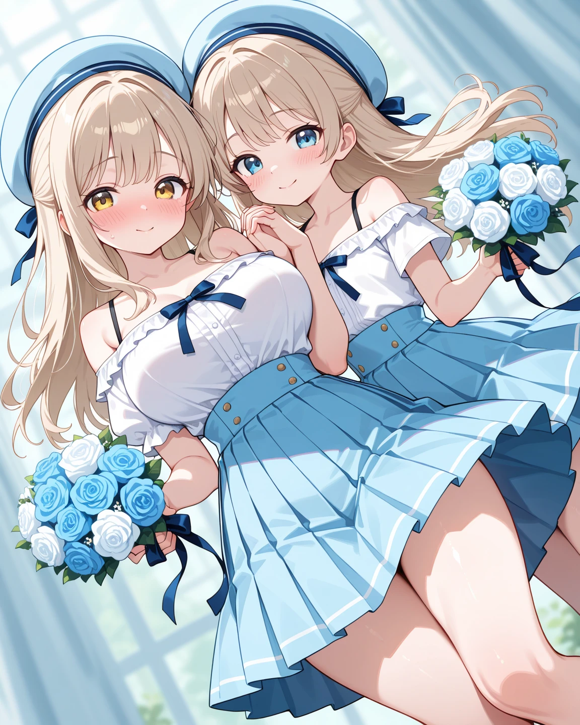 happiness、embarrassed、Pastel Watercolor、１girl：1.8、Photo of brown-eyed woman with cute smile、Full body Esbian：1.3、((Braid：2))、adjusting_clothes（adjusting_bra）、spring wreath background、jump、floating、From the side、white background、Close-up、look around、laughter、((Have a big bouquet：1.2))、incline one's head to the side：1.3