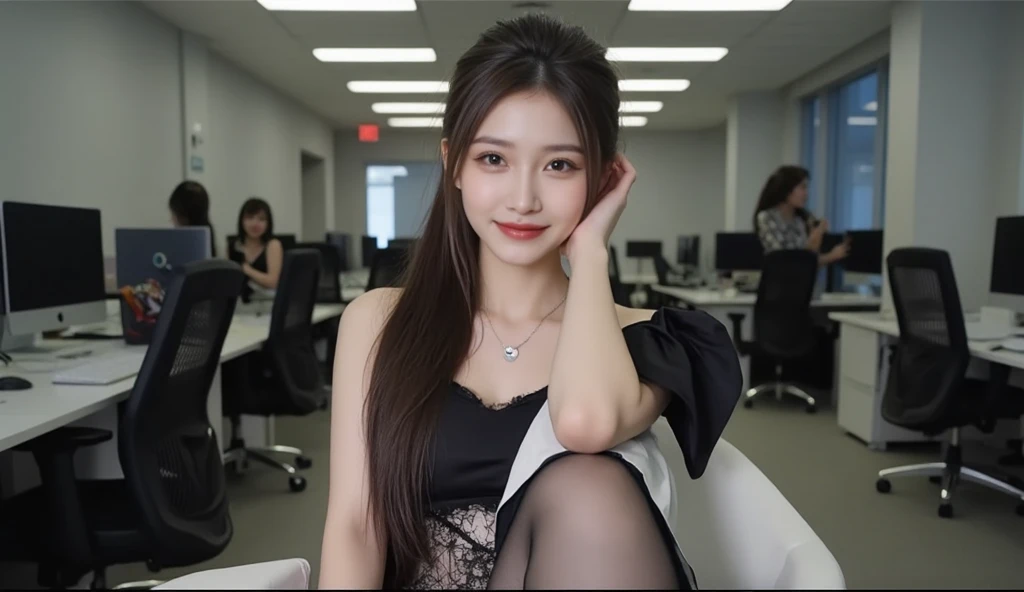 (girl with: 1.6), (lola:RussianDoll:0.4), (lola:TaiwanDoll:0.4), (Best Quality, 8K, masutepiece: 1.3), Focus 1.2, Perfect Body Beauty: 1.4, Highly detailed face and skin texture, Delicate eyes, Double eyelids, Whitened skin, long hair split edges, (Round face: 1.4), gaze at the audience, Leaking teeth and smiling, Sit next to the audience, window, (Full body: 1.1), Secretary, assistant, Black business suit, (Standing), (high-heels), Tight skirt, Sitting in office in skyscraper using computer, a computer, printer, desk work, Office Chair, document, folder, a computer, Note PC, mobile phone, teacup