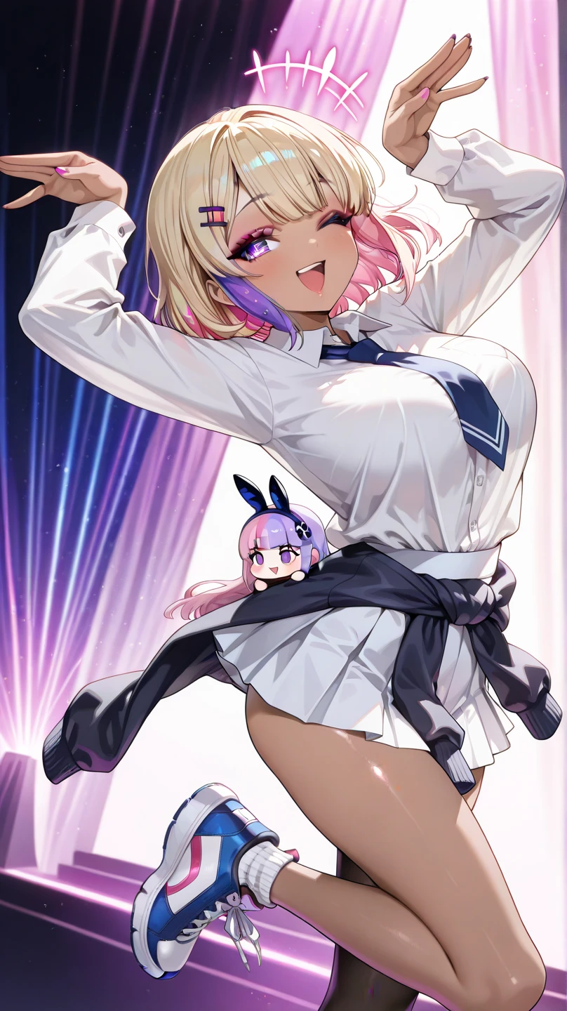 chibi character,Rabbit motif,(brush),((cute,kawaii,wonderland)),((pastel color)),((Cute assortment)),(pleasure,Excited face),Shiny beige hair,(Rainbow),(NSFW:1.2),((Panty shot:1.2)),(Fluffy, frilly clothes:1.15),(Dildo Riding from the back:1.15).