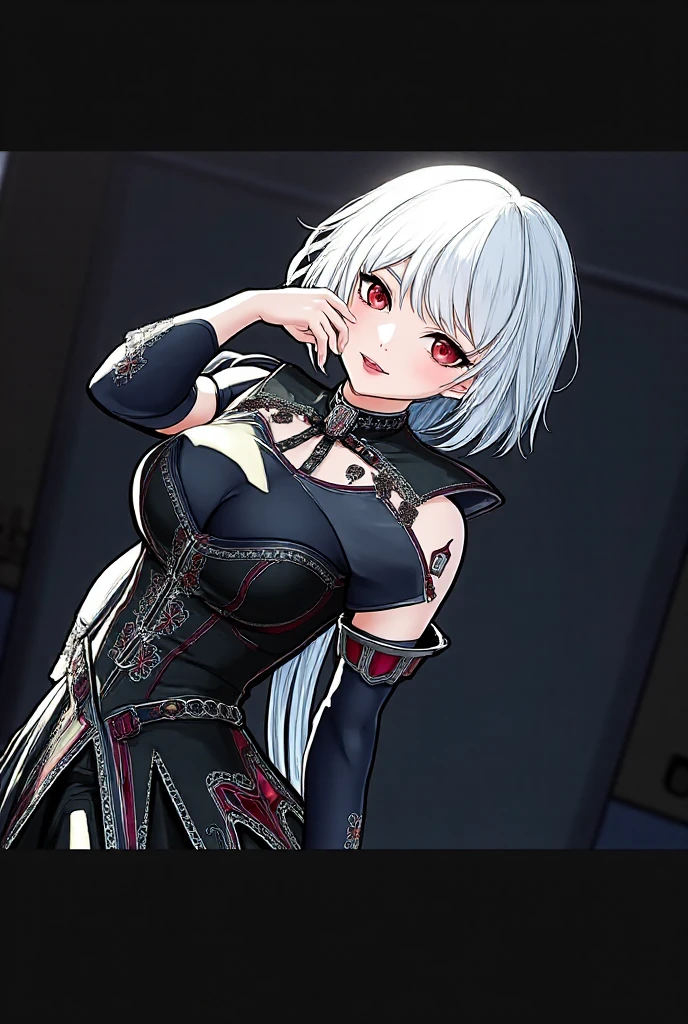 masterpiece, best quality ,ultra-detailed, very detailed illustrations, extremely detailed, intricate details, highres, super complex details, extremely detailed 8k cg wallpaper, monochrome, black and white picture, caustics, reflection, ray tracing,1girl, super detailed face, Extremely detailed eyes, beautiful eyes, highres eyes, solo, white hair, black hair, multicolored hair, black eyes, x-shaped pupils, gloves, arle_suit, upper body, seductive smile, jewelry, looking_at_viewer, signature, solo, standing, unbuttoned clothes, (boobs:1.1), holding whip in hands, (dark room:1.4), low light, moonlight dark, night, (at the centre of picture:1.2)