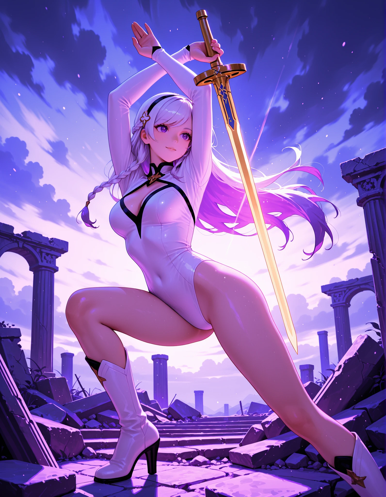 White long-haired girl, one-piece swimsuit, armor, iron boots, wings of light, spear, white clouds in the sky