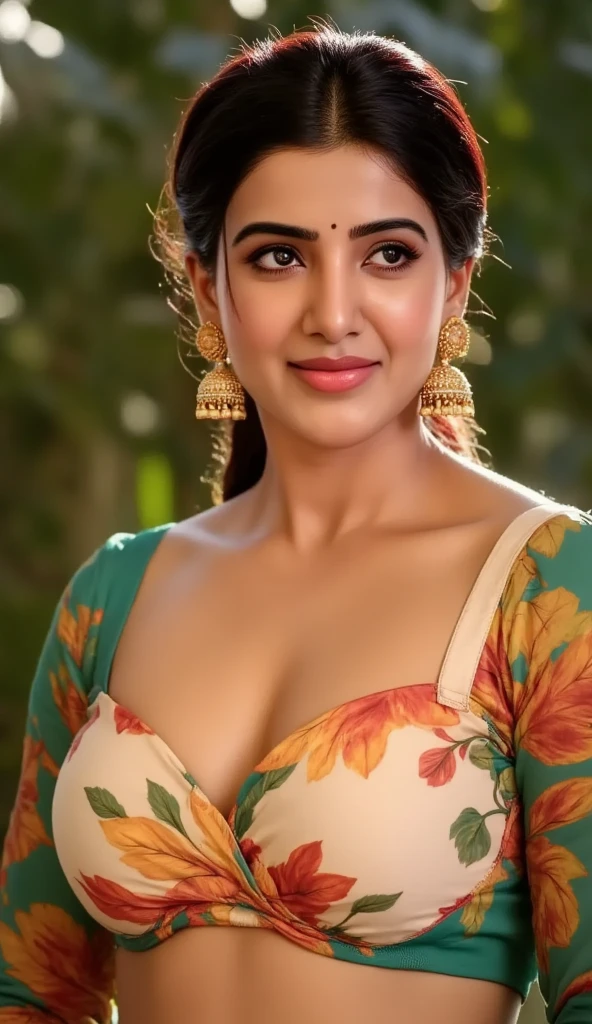 ,early morning scenario, hyperrealistic photography, large breasts, cleavage, beautiful gorgeous middle aged woman, bedroom, bed,, shelved neatly, wearing green saree blouse petticoat, underarm sweat seen in blouse, smile, blush, ornaments, hyperrealistic face detailing, beautiful eyes detailing, hip folds seen, blurred navel seen through saree, photorealism, photorealistic, realistic image, intricate detailed image, UHD