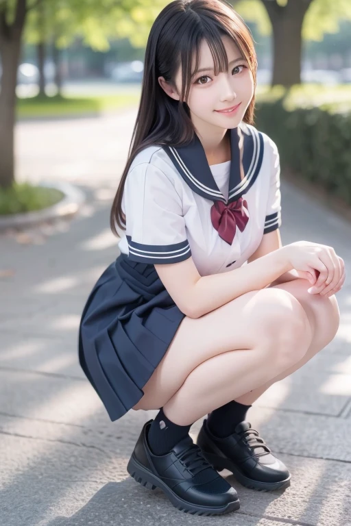 (Realistic, Photo realistic:1.2), ((Highest quality)), Shift the center of gravity backwards, Quite embarrassing, White panties, (Showing panties:1.4),Tight Skirt, (Super Skirt:1.3), (Please lift your skirt:1.3), (Squat:1.4), Place your heels on the ground, Please spread your legs a little, Squat,Kneesup, Get on the ground, black penny loafers, Beautiful facial details, Real human skin, Gentle expression, Front view, From belowのアングル, Realistic, Realistic, cute, Short skirt, Squatting on campus, cute school girl, Japanese school girl uniform, Sailor suit, whole body,smile, 自然なsmile, 魅力的なsmile, 魅力的なsmile, (Viewer Display:1.2), from the front, From below, Perfect Face、Perfect Eyes,