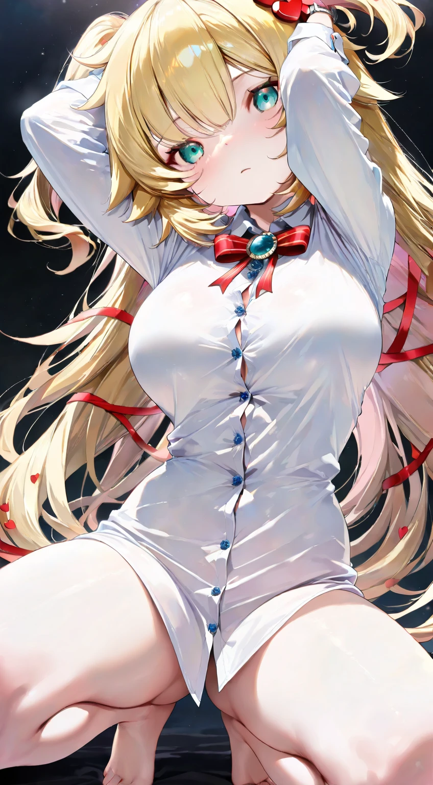 Masterpiece, Best Quality, extremly detailed, Cinematic lighting, intricate detials, hight resolution, official arts, finely detailed beautiful face and eyes, high-resolution illustration, 8K, dark intense shadows, 1girl, skinny, small breast, medium short fluffy hair, white hair, (red streaks hair), red eyes, white underwear, red small bow on bra, red small bow on panties