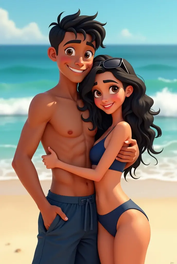 A stunning 3D render of Disney's Aladdin and Jasmine, captured in a cinematic moment of blissful happiness after their refreshingseaside adventure. Jasmine, clad in a modern, small white bikini, exudes a joyful, bohemian charm and a hint of playfulness. Aladdin, wearing a vibrant Hawaiian print swimsuit and sunglasses, showcases his charismatic and playful nature. Their connection and love are evident as Jasmine gently caresses Aladdin's cheek. Their beach setting, adorned with charming details like clam shells and a small hermit crab, creates a magical atmosphere. The vast, sun-lit ocean serves as a breathtaking backdrop, capturing the essence of their idyllic paradise., 3d render, cinematic, conceptual art, vibrant