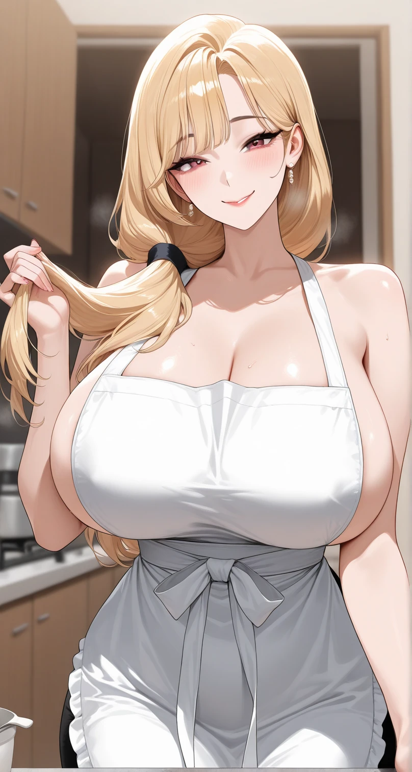 (POV from above), (Best quality: 1.5), (masterpiece: 1.5), (2.5D), (good definition), (detailed face), (well-drawn face), (vivid colors), (1 character) , (exaggerated proportions), (hentai), (perfect anatomy), (character in the center), (absurd), (4k wallpaper), (detailed eyes), (perfect hands), (perfect fingers), (skin beautiful), (shiny skin), (perfect shadows), (perfect lighting), (full body), (beautiful eyes), (masterpiece), (voluptuous body), (pretty face), adult woman, milf, milf face seductive, blonde hair with a low and slightly disheveled ponytail, green eyes, wears glasses, wears a set of transparent lace top and silk shorts with side slit details, embarrassed and excited expression, liquid drips down her thighs and vagina, huge breasts, huge thighs, huge butt, voluptuous body, good proportions, she is in the kitchen of a simple house in the middle of the night
