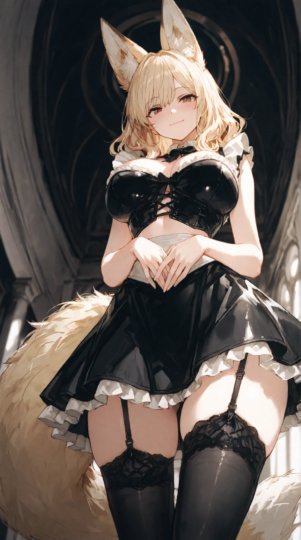 masterpiece, highly detailed, highest quality, high resolution, super precise, (1 girl), simple black French maid dress, white apron, semi-opaque stockings, flawless skin, silky golden blonde hair tied up into a messy bun, soft and cute facial features, plump pink lips, 18 year old teenager, tall height(190cm), very small A cup breasts, long slender legs and curvy hips that flare out enticingly on a pear shaped body, cowboy shot, olive-brown eyes, cat ears and tail,