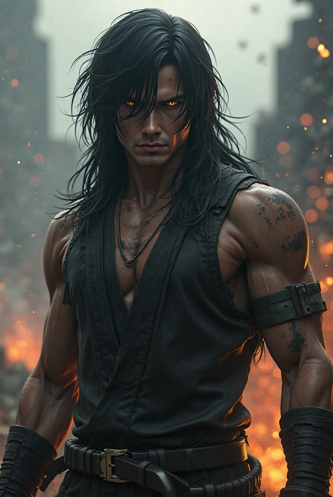 high quality photorealistic image of a rotten skin man with black hair and light blue eyes wearing a choke, rotten skin, rotted away skin, vampire of clan urban gangrel, rotten male vampire, ((light blue)) baggy eyes, with haunted eyes and dark hair. male features, decaying skin, putrefied skin, long black hair, rotten skin