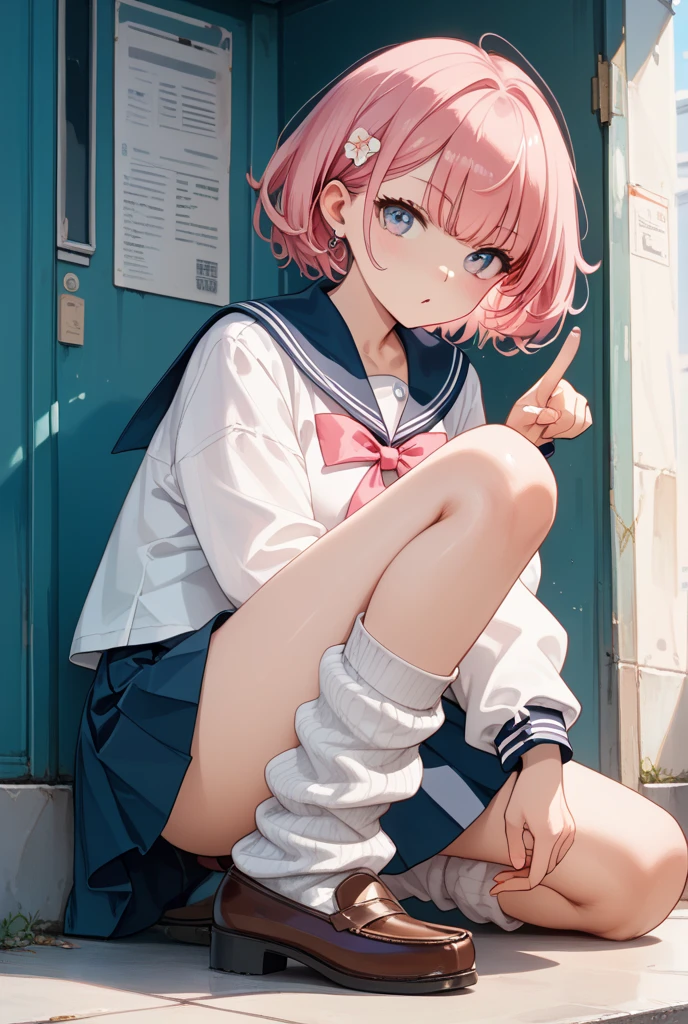 ((best quality)), ((masterpiece)), (detailed), 1girl, Pink hair, blue eyes, white t shirt, blue Jean shorts, rainbow colored cape, sitting on cloud, young. Ethereal beauty. 