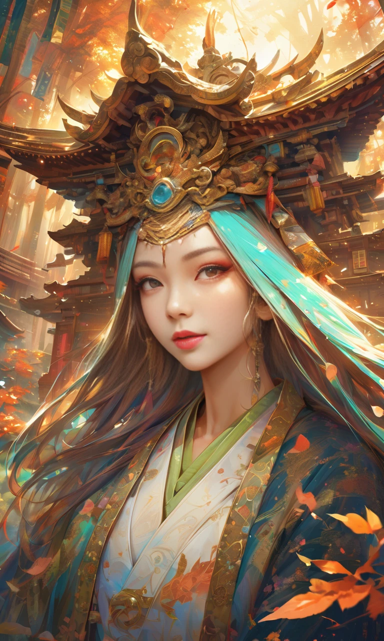 (masterpiece, top quality, best quality, official art, beautiful and aesthetic:1.2), (1girl),elaborate costume(Luxurious Japan kimono(Colorful kimono(detailed embroidery))), extreme detailed,(Fractal art),colorful,highest detailed,Mandala in the background