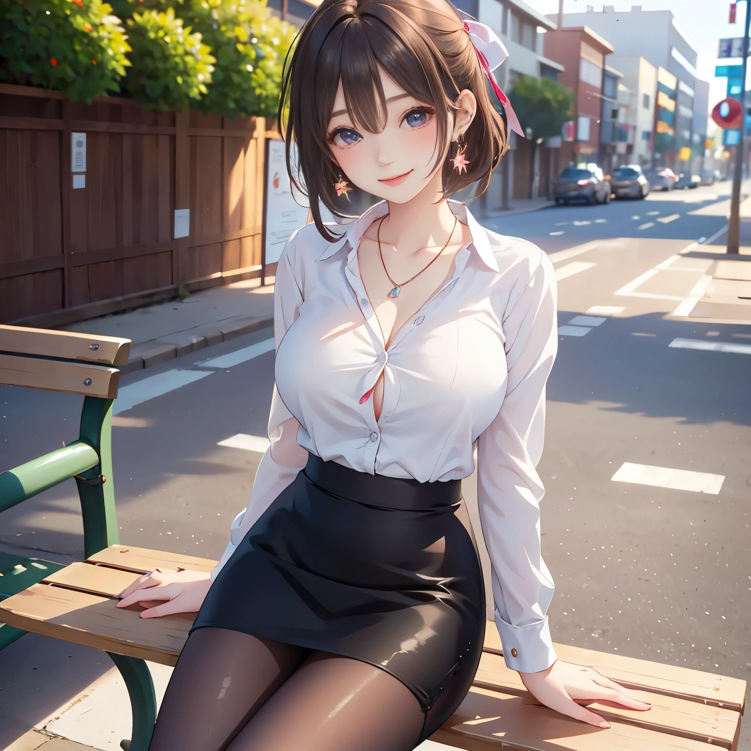 (8K, RAW Photos, of the highest quality, Masterpieces: 1.2)、((White shirt and tight skirt)),lift up one's skirt、((Black pantyhose)),1 persons, super detailed, Super Resolution, (Realistic, Real Photos: 1.37), Portraits, high resolution RAW color photos, Professional Photos, highly detailed and beautiful, Highly detailed, 8K Picture Wallpaper, Amazing details、Other shots、foco nítido: 1.2、Cute beautiful woman with perfect body: 1.4、Slim big: 1.2、 ((Brown hair dark、Longhaire)) 、(Dressing、lightly dressed、High Definition Breast、happy facial expression、Standing:1.2)、((City of Japan、sitting on、cross one's legs:1.5、Open your crotch with both hands、Women as the main focus))、High-definition face and skin texture、A detailed eye、二重まぶた、Highly detailed and focused chest、 AIKA, seethru, HDR, 8k, absurdres, cinestill 800, sharp focus, add_detail:2, (solo, woman), gyaru