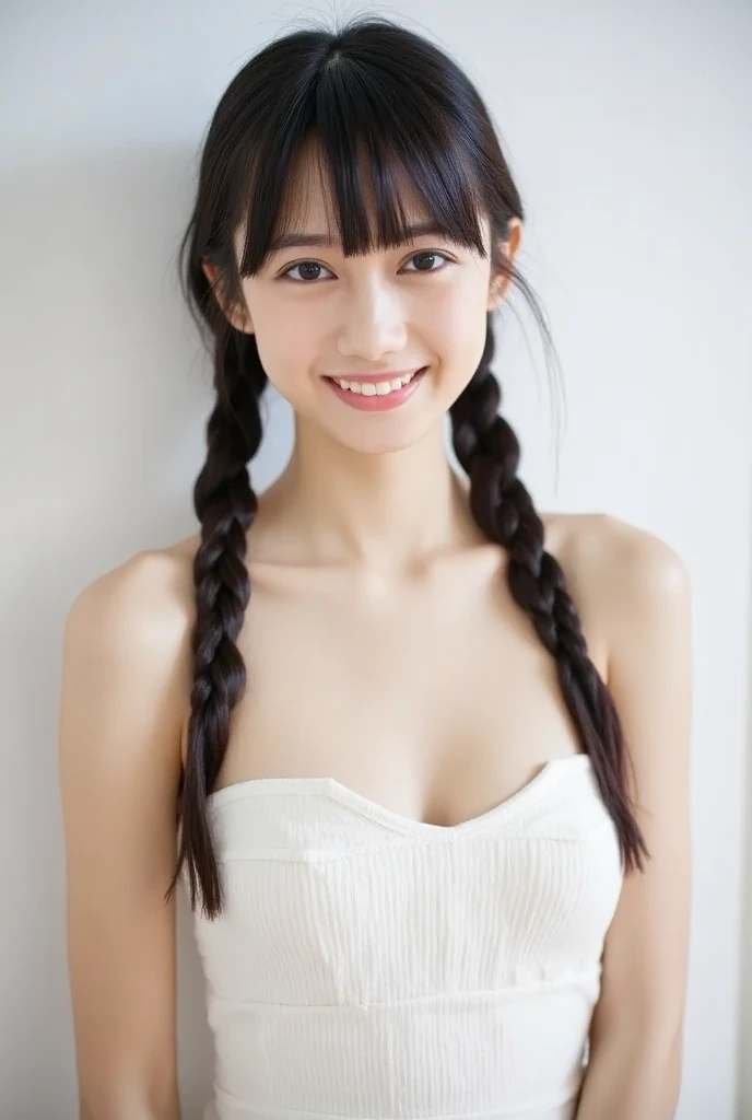 Nagano Mei,Japanese、woman、smile、(Nude),(just),(naked),Observe the audience、University Vegetable Garden、bangs、20-year-old、((Low twin tails)),Small eyes、Round face、Small Mouth、Small areola、((black pleated erious、((Put your palms on your chest))