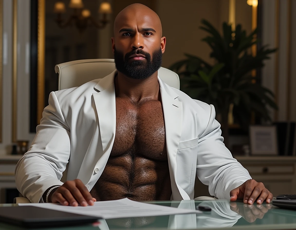 1boy, indian, solo, facial hair,34 yrs old, dom, male focus, flaccid penis, bald head, pectorals, bara, muscular, BundeswehrAlpha, signature mustache, mature male, muscular male, abs, beard, short hair, navel,thick eyebrows, dark-skinned male, erection, thighs, erection under clothes, fancy suit, dark skin, tie, tight shirt, tight pants, tie, open jacket, grey business suit, cowboy shot, cop agent uniform, feet out of frame, thick thighs, looking at viewer, masterpiece, 4k, high quality, highres, absurdres,