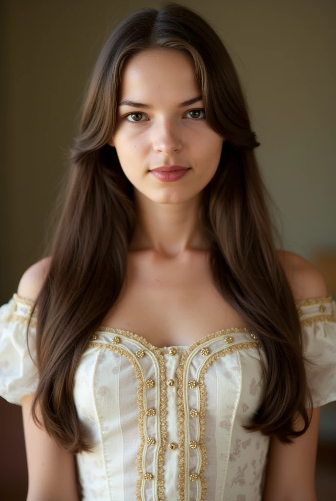 Clara nova has long brown hair. she is eurpean girl. she has very white skin. Have a horny and sexy expression on your face bite your lips open the mouth have a sweaty body more realism skin as white as milk. she is wearing sexy old money combination. She is listening opera in the build