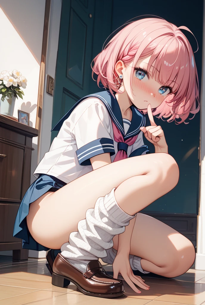 (1 girl),(Best Picture Quality, 8K, Masterpiece:1.3), (high school student:1.5), ((pink lob hair:1.1)), (bob cut),(swept bangs), (cute eyes, pupil black, iris skyblue, youthful face), (mole under right eye), (standard weight), (small breasts),(big hip), (glistening skin:1.1),(pale skin:1.2),(sitting),((serafuku, white sailor short sleeve simple shirt, darkblue skirt, darkblue sailor collar, pink ribbon)),(leg close-up),(from below)