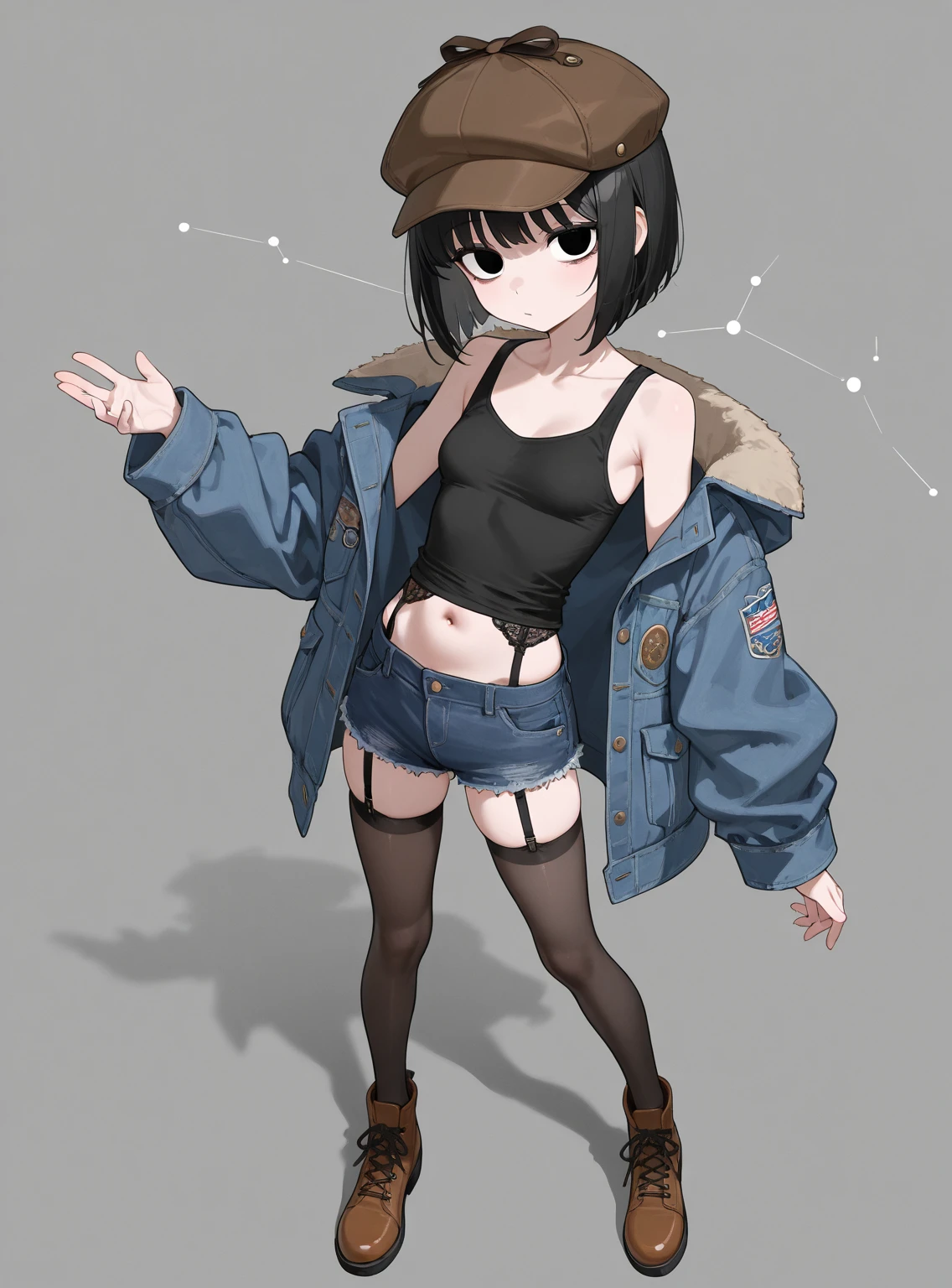 1 girl, alone, black fur, short hair, messy fur, Ahoge, grey eyes, blind eyes, kind eyes, very nervous, Beautiful smile, sweet look,
black boots, military boots, mesh netting, big square tights, denim mini shorts, minishort super cortos, long sleeve top, top gris, large jacket, denim jacket,
Multiple padlocks, chain accessories,
Exposed navel, hands in pockets, cigarette in mouth, 
moto, chopper motorcycle, road 
