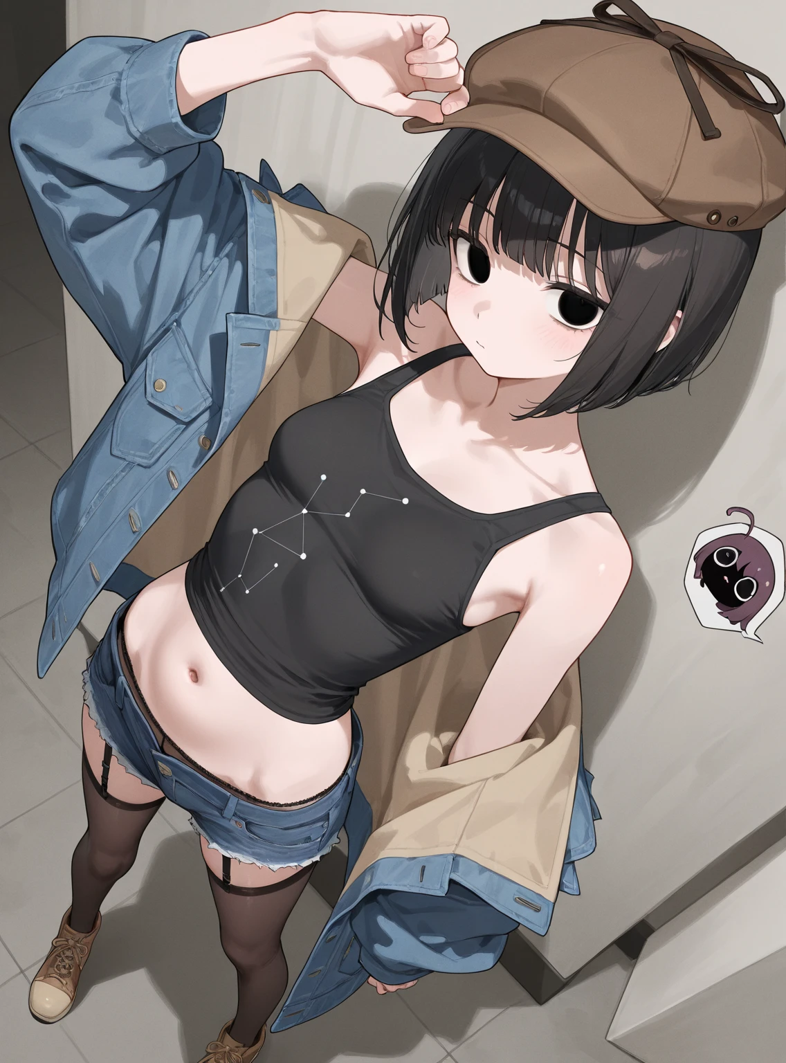 1 Japanese girl , no shirt, anime, black panties, big tits , big ass, black hair, dog collar, black lingerie, ponytail, black baseball cap, bent over