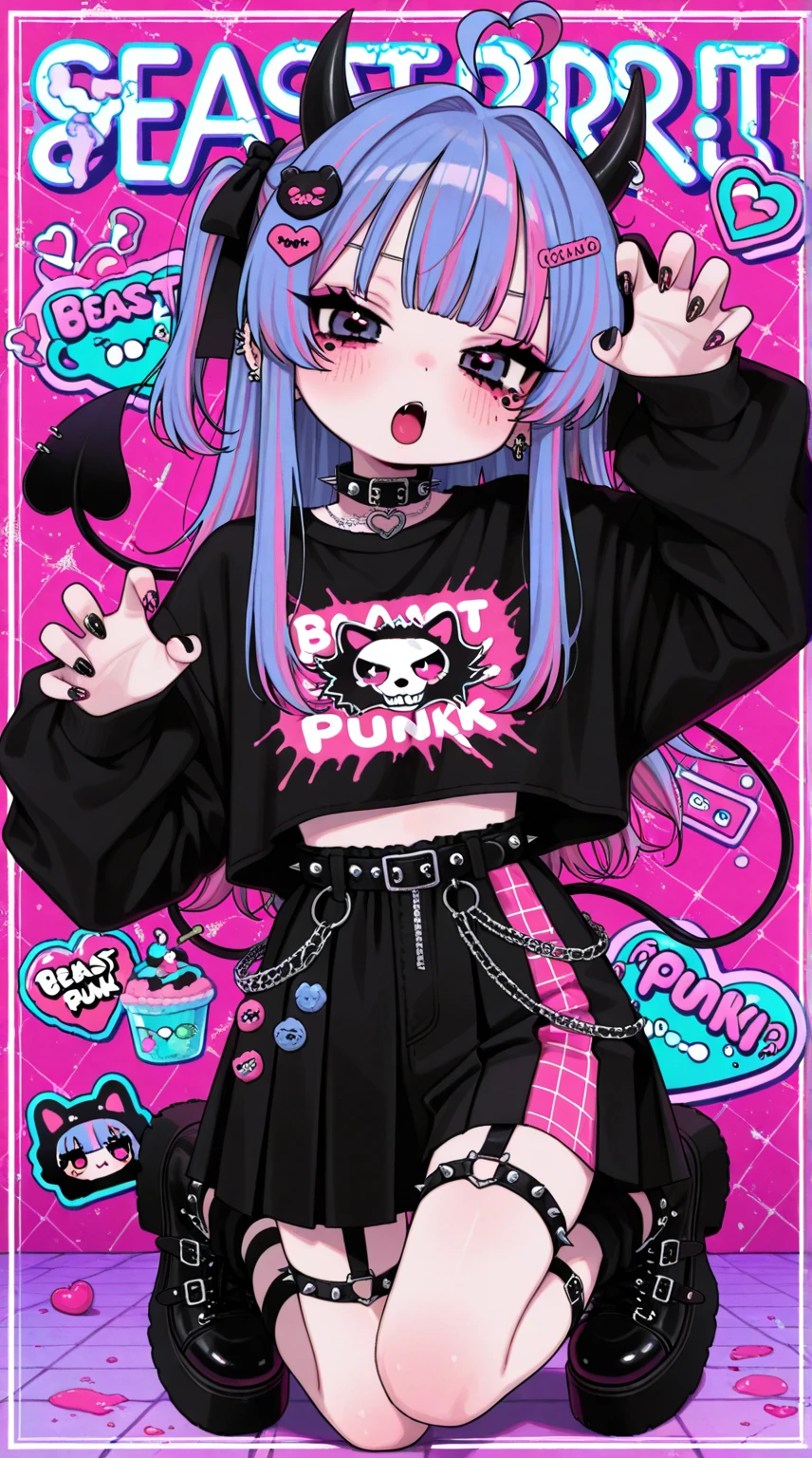 kpop girl with rizz smile face, bad ass, black,neon cyan pink hair, tattoos on hands and neck, piercing, black mixed green striped sweater, cool badass pose, smoke background, colorful smoke background