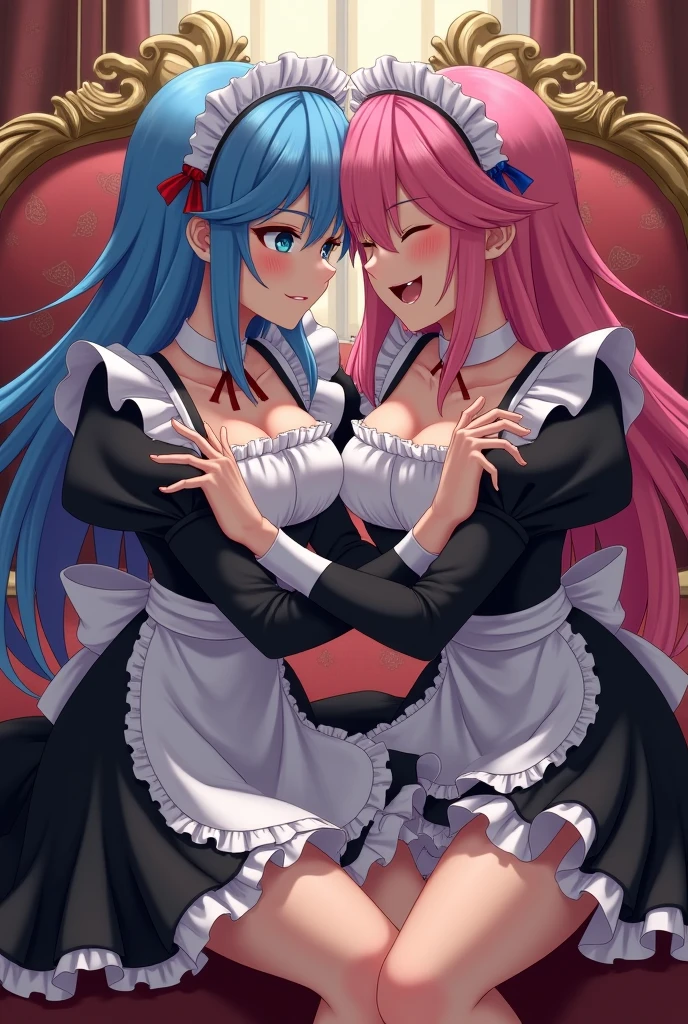 (Felicia + Flora Maid outfit) 2girls together, standing next to each other, holding hands and hugging each other, french kiss, kiss, add details, very detailed