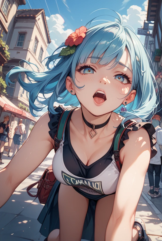(8K、Highest image quality、highest quality、masterpiece)、detailed face、((one loli))、light blue hair、short twintails、red eyes、evil smile、((grin))、small breasts、((white camisole))、belly button、denim short shorts、((bent over))、cowboy shot、city background、((nsfw))