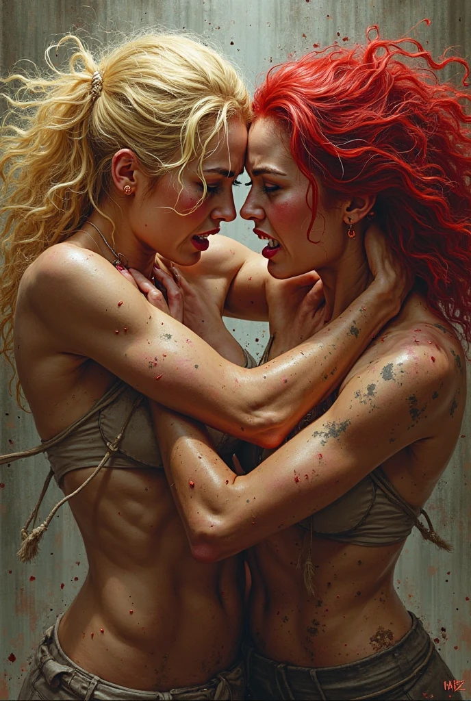 Two beautiful athletic blonde women wrestle barefoot while stepping on flowers scattered across the floor in a dirty kitchen. Their bodies are dirty with tomato sauce.