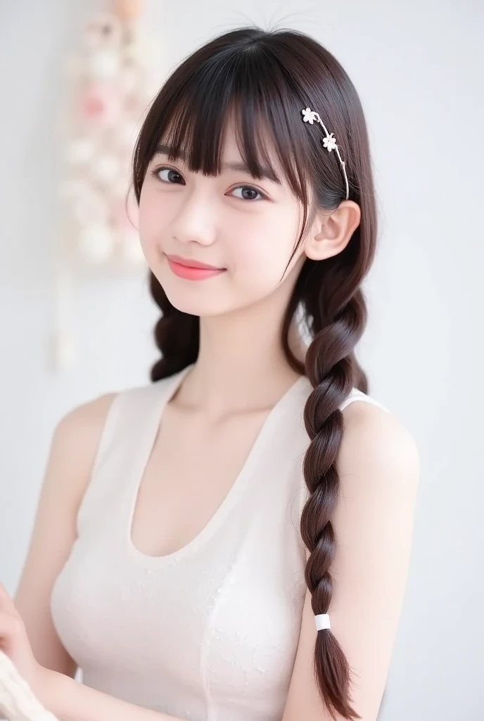 highest quality, Realistic, 8K, High resolution, 1 Girl, woman, (Skin dents), (Portraiture:0.6), nice, ((White Background, Completely naked, Small breasts:1.65)), (Brown hair in braids, Parted bangs:1.4), Watching the audience, (1 Girl eyes Watching the audience:1.6), Realistic, (Bokeh), (Closed Mouth, smile:1.3), nice, Purelos Face_V1:1,