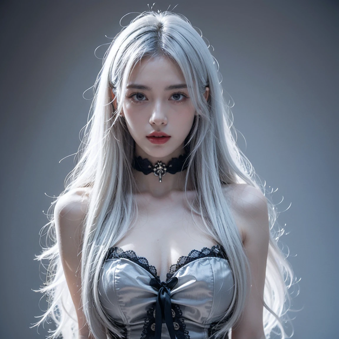 Description of the Vampire Progenitor on the Throne:She sits majestically on her ebony throne, whose arms are carved with details of intertwined serpents. His hair is white as snow, longo e sedoso, cascading over your shoulders and flowing elegantly down to your knees. Each strand shines with a silver shine, standing out against pale, flawless skin.Your red eyes, deep like rubies, capture the soft light that enters through the windows of the palace&#39;s great hall. His expression is serene, but carries a touch of authority and mystery. Her beauty is truly unparalleled, with delicate features that match his apparent eternal youth.royal outfit:Ela veste um vestido longo e fluido, made of a black fabric that seems to absorb the light around it, enhancing its imposing presence. Silver details adorn the edges of the dress, forming intricate patterns that reflect her position as the progenitor of vampires. A necklace of black pearls adorns her neck, glowing against your alabaster skin.In one hand, holds an ebony staff with ancient runes carved into it, symbol of her power over vampires and the kingdom she firmly rules. Around you, black velvet curtains hang on the walls, framing her with a backdrop of shadows that highlights her majestic and dominant figure.