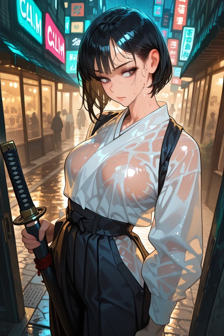 nsfw,(masterpiece:1.3), (Confused:1.3), (Highest quality:1.3),(Perfect Anatomy),Detailed face,steampunk,Victorian era,Hongkong,Kowloon ruins,Horizontal Angle,hand,(View your viewers), (Very detailed:1.3),(Best Shadow:0.7), alone,1 middle-aged woman,Large saggy breasts,(Processed hair), shirt lift, show off pink bra:1.5,Pixie Cut,Beautiful Eyes, Beautiful Eyes, 1 middle-aged woman, ((Small saggy breasts)),nurse,alone, Are standing, Crystal Earrings,Closed_mouth, nurseの制服, Take a break outdoors, intimidating pose,Cowboy Shot