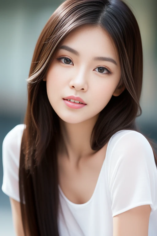 White T-shirt, big breasts, beautiful girl, bag hanging diagonally from shoulder to cleavage