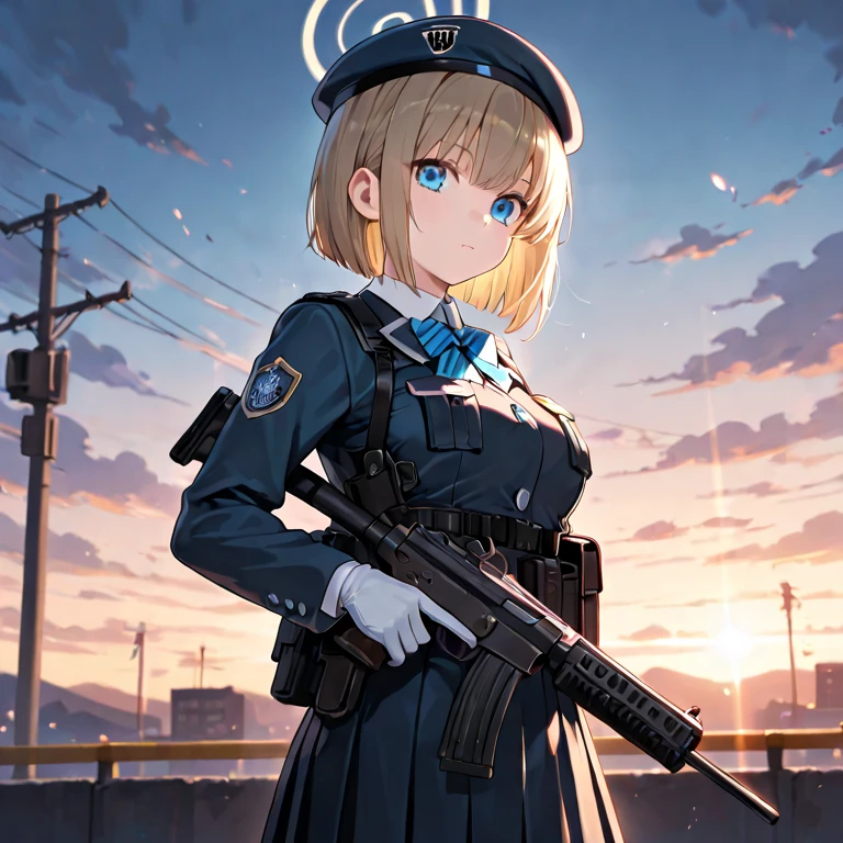 original outfit, 1girl huge large breasts, solo, mitts, Fingerless gloves, Gun, Upper body, see viewer, White background, Closed mouth