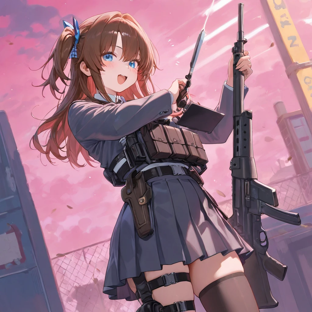 masterpiece、highest quality、Ultra-high resolution、Maximum resolution、Very detailed、Professional Lighting、anime、woman、thin、so beautiful、Sexy Suit、Mini tight skirt、Garter Stockings、High heels，Has an assault rifle、Grey Eyes、Brown Hair、long hair、Fingerless Gloves、Beautiful eyes、Pink Lips、Gloss Lip、Alone on the battlefield、A spectacular attack