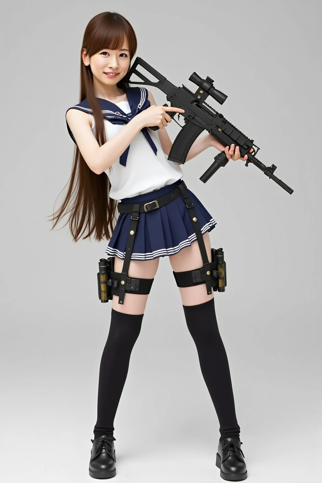A hyper-realistic、ultra-detailliert、top-quality、hight resolution、Japan goddess of war with white gun and waist pouch、Light pink hair、Blue hairpin、Red-rimmed glasses、Twist miniskirt to expose blue panties.、white knee-socks