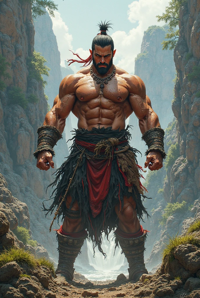 A handsome man, a yogi, long sharp nose, holding a huge axe in his hands, eyes on his axe, long hair tied in a bun, long black beard, shirtless, tall, robust, a thick neckless of beads around the neck, a thick thread janeu on his torso, standing in the mountains , wearing a dhoti made of tigerskin, standing on a rock, snowcapped mountains on the background, photorealistic, detailed, art form by Louis Royo, Boris Vallejo, Frank Frazetta