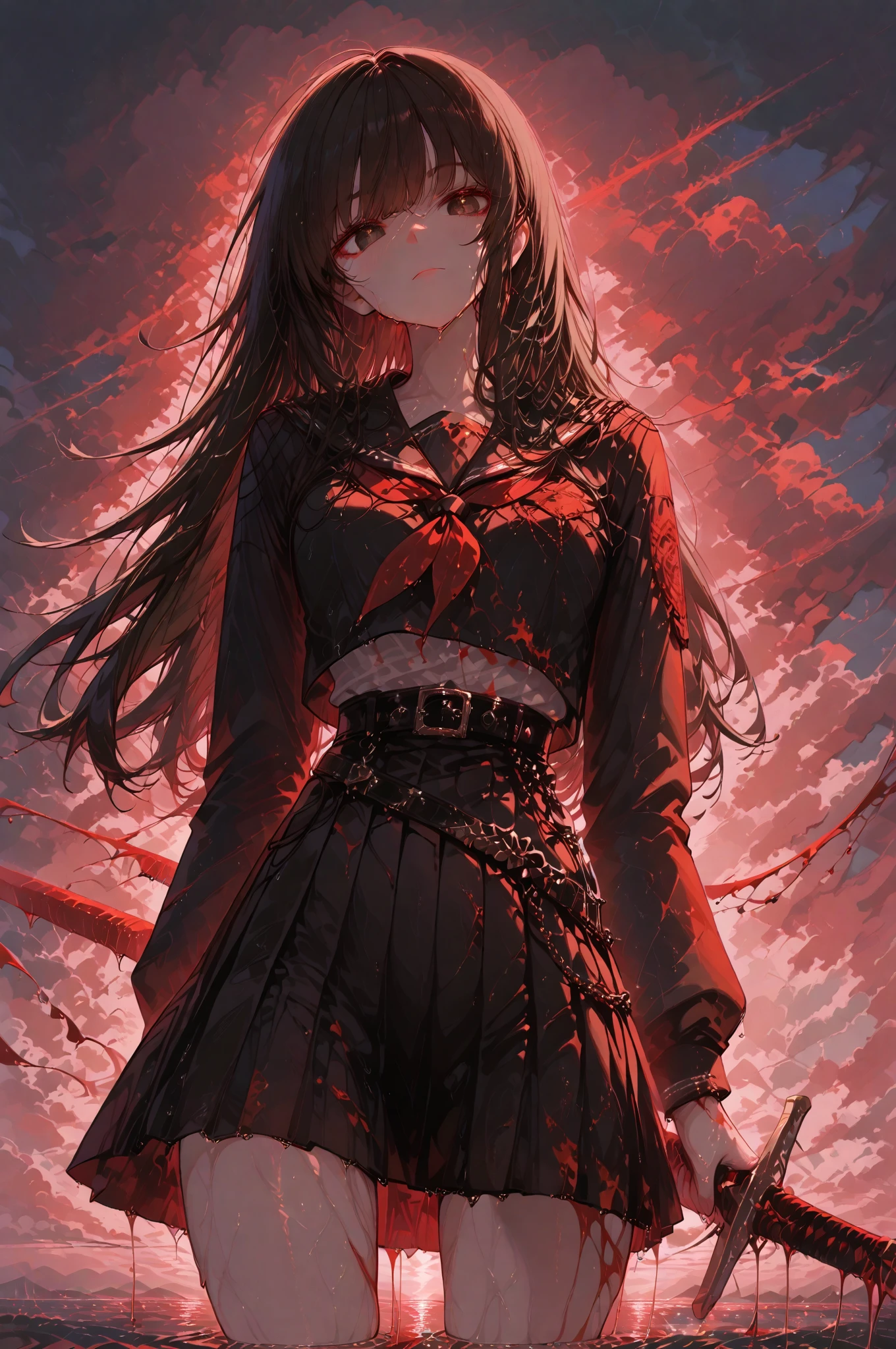 (((((stab the knife Bathe in blood))))) ((((Fantasy Black Hair、Long Hair Dull red eyes uniform)))) (((Lonely despair))) ((necklace tears gloves)) (Broken glass Distorted Space-Time star moon) Catch the wind autumn Shining Background Particles of light
