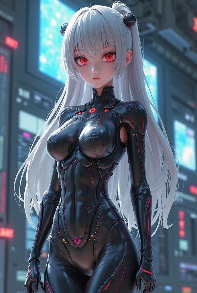 sensual female character with long white hair. Red eyes. mature face. black dress with low neckline. it must be in a futuristic setting