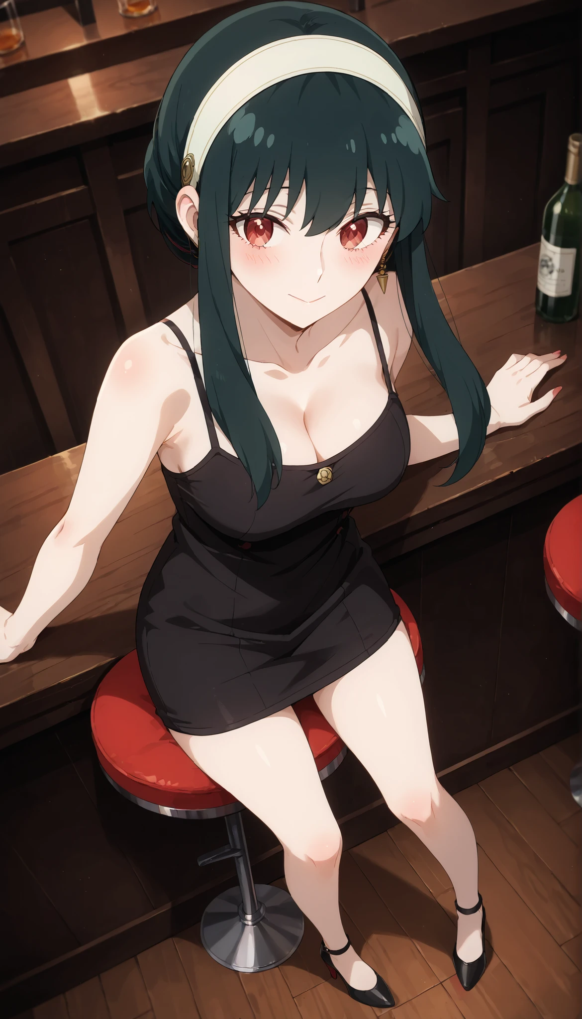 Sayoko, 1girl, solo, portrait, smile, lipstick, earrings, necklace, strapless slit dress, sitting, legs crossed, fancy restraint indoors, table, table cloth, sitting in chair, (drinking champaign glass), night, perfect quality, good quality, masterpiece, HDR, UHD <lora:Sayoko:0.7>