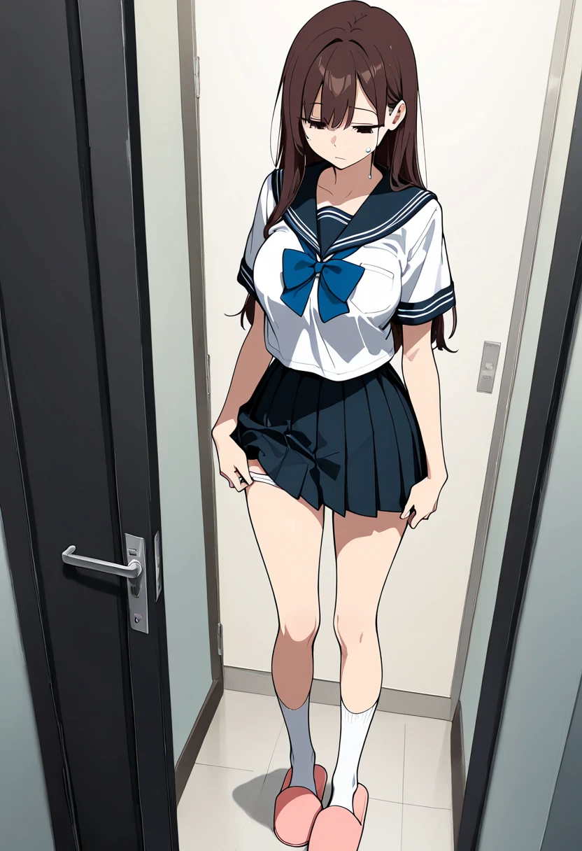 superflat, flat shading, flat colors, (school library), vibrant colors, (closeup), 1girl, little, lolis, 8yo, flat chest, long black hair, blue eyes, ??????????, (white panties:1.2), (white school shirt), sailor collar, from behind, look back, shy, embarassed, blush, standing in library, book cases, bright colors, best shadows, dark, watercolor, Ghibli style、