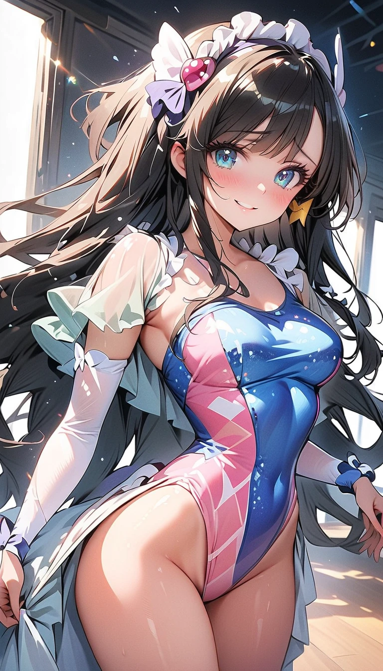 1 beautiful girl, anime girl wearing a pink figure skating dress, looks like a model, skating rink, turquoise eyes, detailed eyes, joyful expression, white panties, fully exposed panties, sexy skating pose, wavy hair, light brown hair, brown hair, long hair, hair spread out, expressive hair, butterfly hair ornament, red hairband, lolita hairband, crystal earrings, smile, red lips, fingersmile, Surrealism, high detail, Color Field painting, anime, glowing light, image fill, first-person view, from below, from side, f/1.8, 85mm, Sony FE GM, 8k, super detail, UHD, masterpiece, high quality, anatomically correct