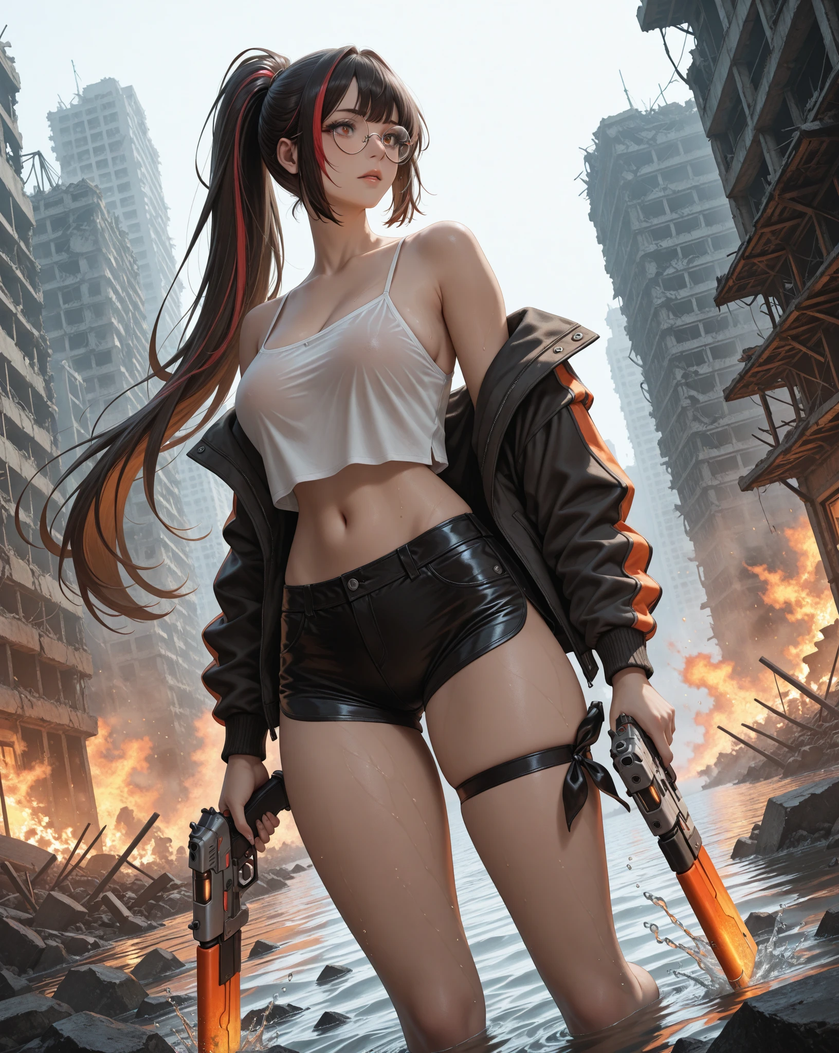 "Oil painting, 
((resilient)) girl standing amidst nuclear wasteland ruins, delicate flowers emerging from the desolation, ominous clouds casting shadows,  fires, explosions, dust, lightning, red sunset, huge large lens flare. 
((haunting beauty)), post-apocalyptic masterpiece".
16 year old girl, tattered rags of clothes, short dark hair, desperate sad expression, ((white crop top, loose, torn, underboob)), ((low waist cargo pants, black, panties strap showing)), open jacket, realistic face, fierce, very small breasts.
low key lighting, moody, gritty, edgy.
dramatic pose, dramatic composition, low camera angle.