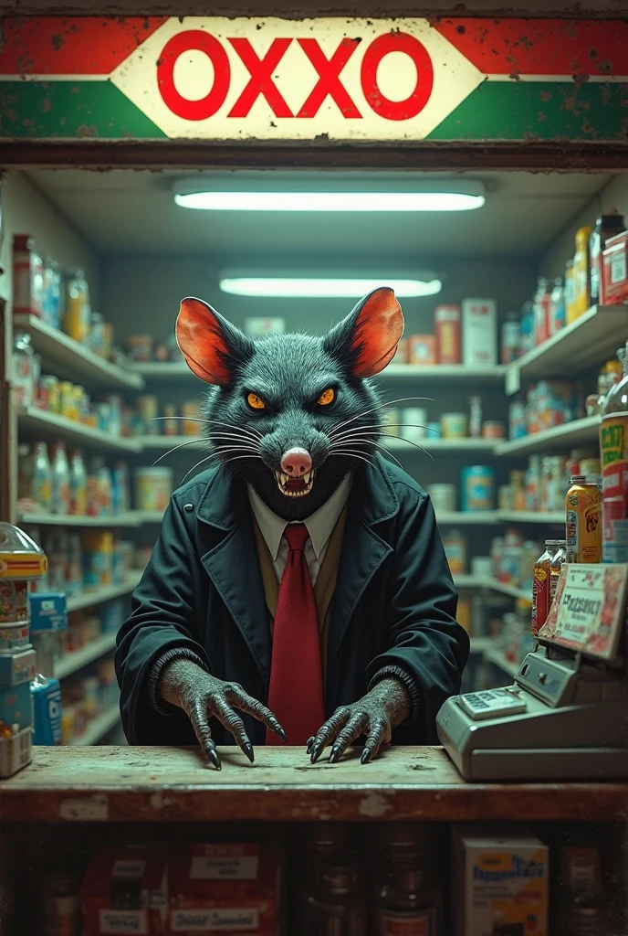 Demonic rat in pink lab coat with Satanivia sign in 8k ultra realistic 