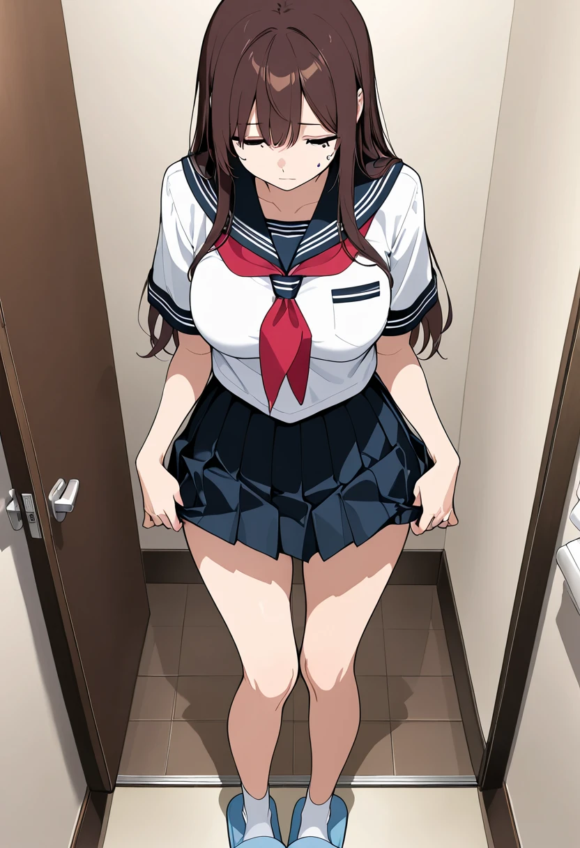 nsfw,suzune horikita,toilet,A full-body shot of a person sitting in the toilet,front,from the front,uniform,Red blazer,Hair ribbon, black knee-high socks,pull down pantie,(looking away)