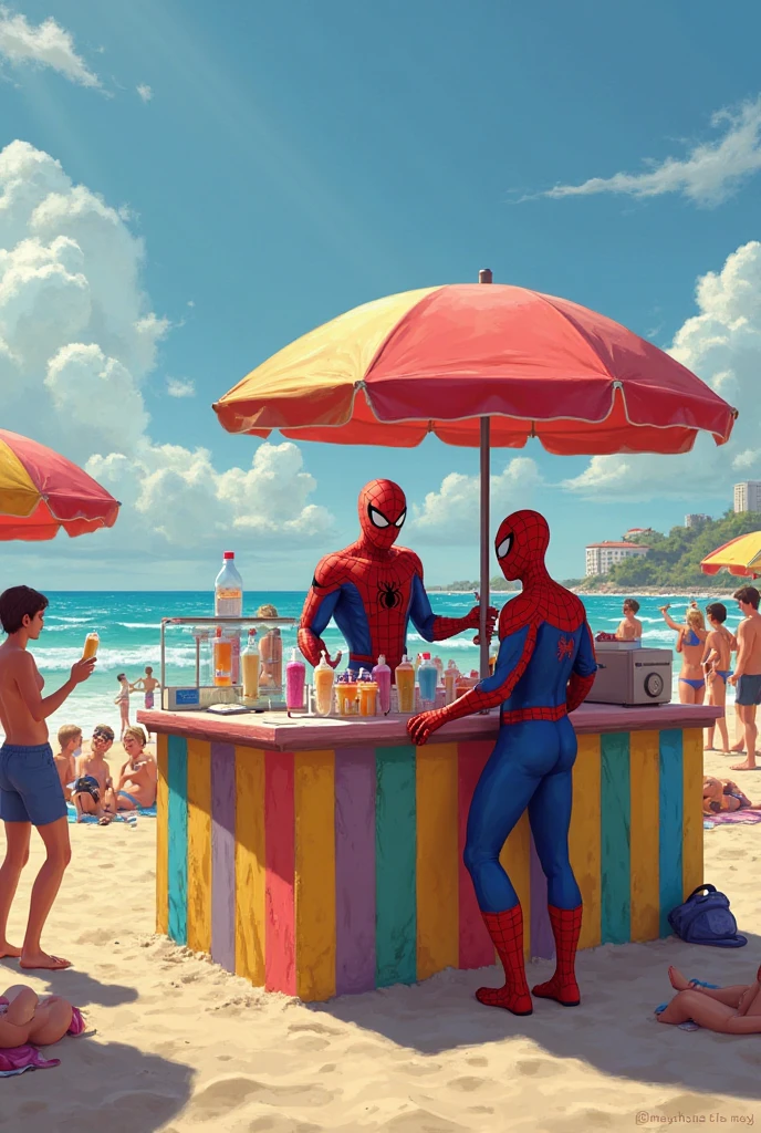 Spiderman selling ice cream on the beach in Rio de Janeiro