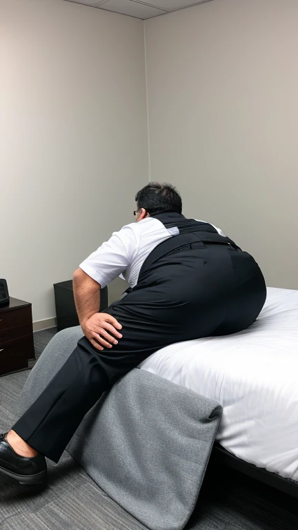 (realistic, photorealistic) (detailed face), woman sitting in the office room, white wall, grey table, CEO, (business outfit:1.2), (office shirt:1.2), black tight skirt, earrings, black stockings, (masterpiece:1.2, best quality), 1milf, blush, ((brown short hair)), brown eye, (big breasts), laying on her side facing camera, hand on head
