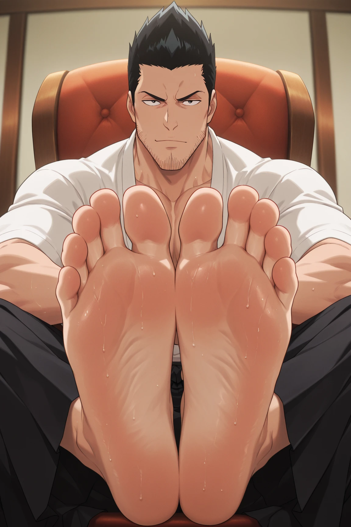 masterpiece, best quality, , anime screencap, anime coloring, official style, , 1boy, solo, male focus,  isshin_kurosaki, black hair, black eyes, short hair, spiked hair, facial hair, stubble, beard, black hakama, mature face, the soles of his feet are flushed, anime_source, score_9, score_8_up, score_7_up, 1man, looking at viewer, depth of field,  feet focus, masterpiece, best quality, anime screencap, anime coloring, , looking at viewer, 1boy, solo, male focus, medium full shot, evil expression.muscular_male.evil expression.muscular, toned_male, toned, muscular_male.whole body. masterpiece,best quality,amazing quality,very aesthetic,high resolution,ultra-detailed,absurdres,newest, character is displaying his sweaty  feet (soles) towards us propped up on a desk in front of us while he is sitting in a chair. His sweaty  feet are close to us (focusing on his soles)(close up on soles)

anime screencap, masterpiece, best quality, amazing quality, very aesthetic, official style,
1boy, solo, , barefoot, he is adult
 ,official style, barefoot, foot focus, looking at viewer, Alone, anime coloring, Perfect feet，Anatomically correct，soles，Focal length 35mm, Five toes，front，Symmetrical Soles,
sitting with his feet prominently displayed toward the viewer, He is barefoot, and the soles of his feet are the central focus of the image, appearing close-up.High Resolution, Best Quality, Accurate, no extra toes,

Description feet: large feet, a bit caloused but gorgeous, anatomically correct and smooth.