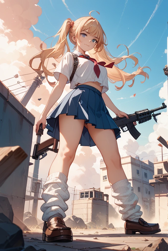 (masterpiece, highest quality, ultra high res, ultra detailed:1.3), 1 cute girl, gyaru, ideal ratio body proportions, many accessories, wrist scrunchies, brecelet, necklace, earrings, (holding rifle, looking into the gun sight, putting one foot on the fence:1.3), mini skirt, (showing off panties:1.4), cameltoe, looking down, standing on the roof, from below, hanging student bag on shoulder, 