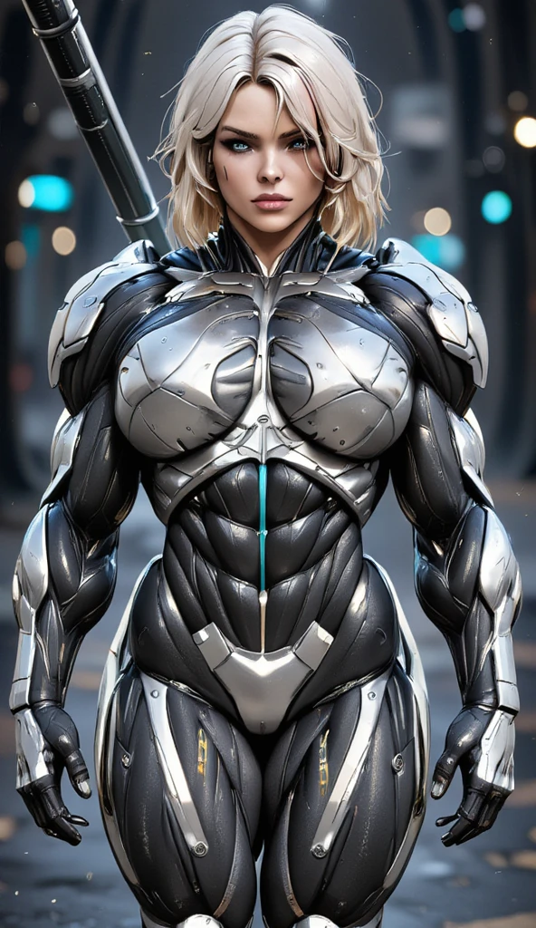 (1 girl), (cara delevingne), (muscular bodybuilder android girl wearing a tight cybernetic bodysuit :1.45), (long hair), (muscular cybernetic bodysuit), (giant veiny breasts:1.25), blank background